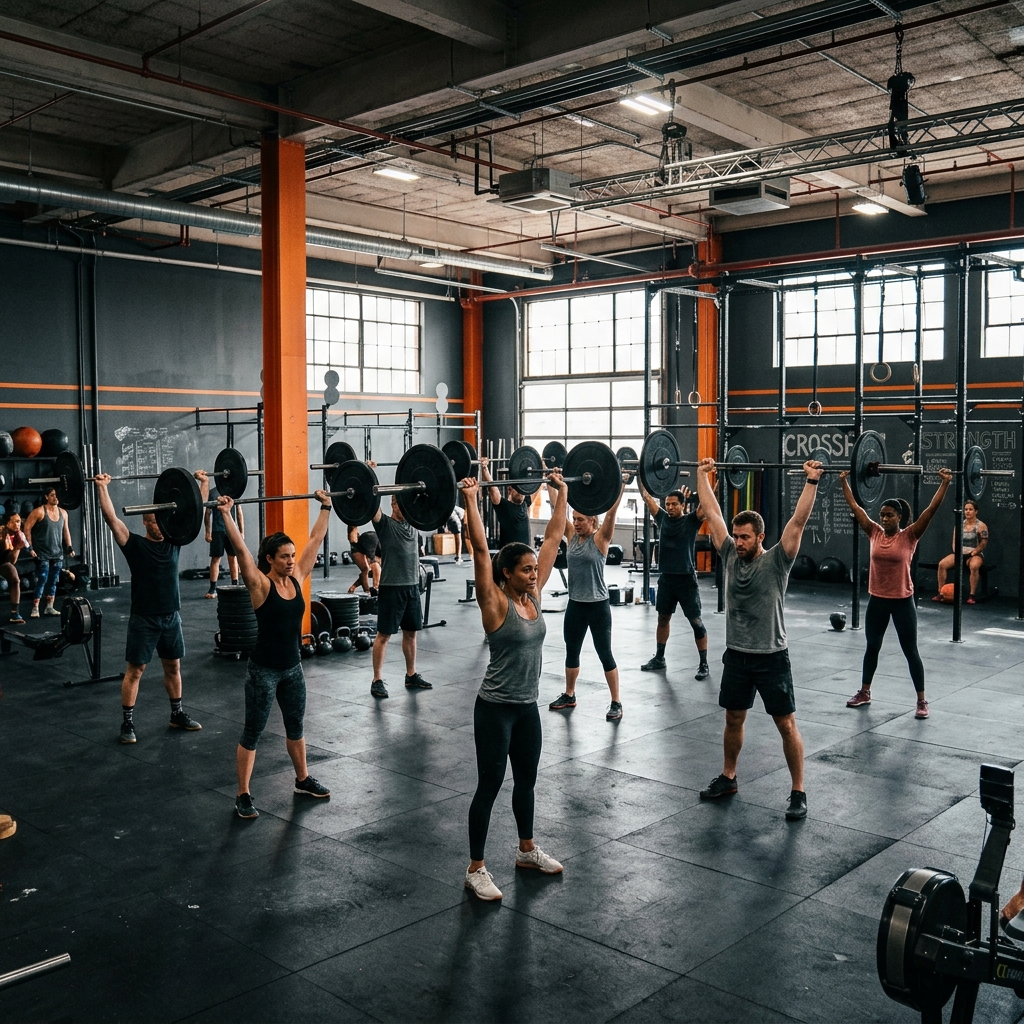 Full CrossFit MYO group class training together with barbells overhead